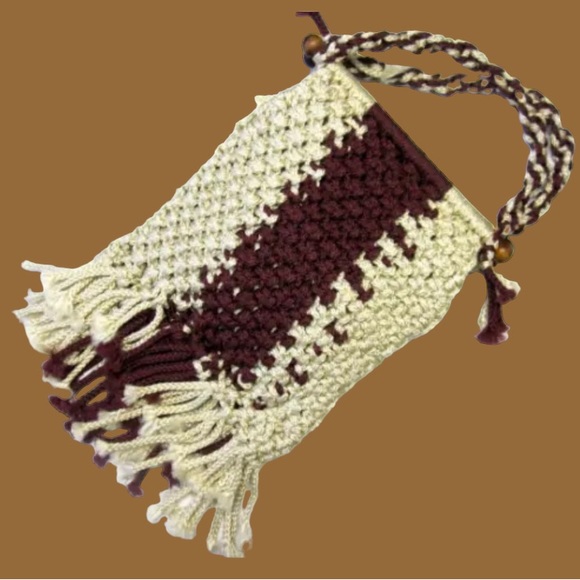 Vintage Macrame Fringed Purse Cream Brown Handbag - Picture 2 of 5